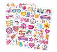 Qpout 2 Sheets 86 Tatuajes Temporales Hippie con Purpurina para Niños, Impermeables, Estilos Plateados Brillantes, Flower Power, Signo de Amor y Paz, Tatuajes Groovy de los 70 para niños y