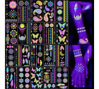Qpout 20 Blatt Nachleuchtende temporäre Tattoos reagieren auf Neon UV Schwarzlicht, Fluoreszenz Boho Fake Tattoo Aufkleber für Frauen Männer Gesicht Körperkunst Rave Festival Tanz Party Zubehör