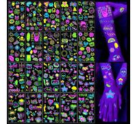 Qpout 20 Blatt UV-leuchtende temporäre Tattoos Neon Musik Disco Gitarre Rock Fluoreszenz Flash Fake Tattoo Aufkleber für Frauen Männer Gesicht Körperkunst Rave Festival Tanz Party Zubehör