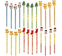 Qpout 24pcs Christmas Pencils Assortment with Wooden Topper Decorated Lápices navideños divertidos a granel para niños, estudiantes, fiesta de Navidad, favor, útiles escolares
