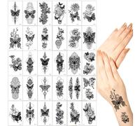 Qpout 30 Hojas Tatuajes Temporales Negros para Mujeres Niñas,Pegatinas Impermeables Realistas Sexy Flores Mariposa Falsos Tatuajes para el Brazo Arte Corporal Fiesta Negra de Halloween