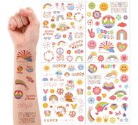 Qpout 4 Hojas Groovy Hippie Tatuajes Temporales Para Niños Retro 70s Boho Flower Power Accesorios Amor y Paz Arco Iris Cara Tatuajes Pegatinas para Groovy Party Favores Decoraciones
