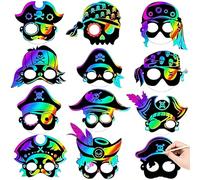 Qpout 48 máscaras de pirata arcoíris para rascar, arte para rascar, temática pirata, cumpleaños, Halloween, fiesta, máscara, manualidades, mascarada