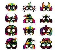Qpout 48 Piezas Kit de Artesanías de Papel Rasca Arco Iris Mágico de Halloween,Arte Rasca y GANA Arco Iris Mágico de Halloween para Kids Birthday Cosplay Classroom Decoration