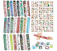 Qpout 48PCS Pulseras de Navidad y 30 Hojas de Tatuajes Temporales, Pulseras de Temática Variada al por Mayor, Ideales para Favors de Fiesta Navideña y Decoraciones para la Muñeca