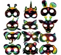 Qpout 48pcs Scratch Art Máscaras para niños, animales rascadores, juego de máscaras con cordones elásticos y lápiz de madera para niños, cumpleaños, Pascua, Halloween, Navidad, juego, regalo