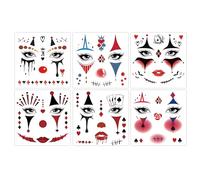 Qpout 6 Hojas Cara de Payaso Tatuajes Temporales, Maquillaje de Halloween Joker Pegatinas de Tatuajes Falsos Para Mujeres Hombres Adultos Disfraz de Carnaval Cosplay Accesorios Para Fiestas