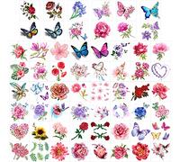 Qpout 60 Hojas Tatuajes temporales de flores para mujeres/niñas, Tatuajes temporales de rosas realistas, Tatuajes de mariposa para niñas y niños, Etiqueta de tatuaje de rosa y mariposa para adultos
