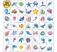 Qpout 60 Pcs Tatuajes Temporales de Animales Del OcéAno para NiñOs, Precortados Individualmente Bajo El Mar Pegatinas de Tatuajes de Criaturas Para NiñAs NiñOs Recuerdos de Fiesta de CumpleañOs