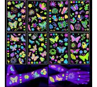 Qpout 8 Blatt UV-leuchtende temporäre Tattoos Neon Schmetterling Blumen Fluoreszenz Flash Fake Tattoo Aufkleber für Frauen Gesicht Körperkunst Rave Festival Tanz Musik Party Dekoration Zubehör