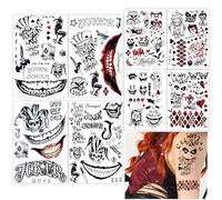 Qpout 8 Hojas Grandes Joker Tatuajes Temporales,Payaso Aterrador Halloween Cosplay Pegatinas de Tatuajes Falsos Perfectos Para Hombres, Mujeres, Adultos, Mascarada, Fiesta, Accesorios
