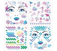Qpout 8 Hojas Tatuajes Temporales En La Cara de Sirena, Disfraz de Escamas de Sirena Bajo El Pez Marino Maquillaje Pintura Facial Tatuajes Pegatinas Para Cosplay de Carnaval del OcéAno