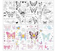 Qpout 8 Sheets Colorful Butterfly Temporary Tattoos for Adults Waterproof Long Lasting Fake Tattoos Semi Permanent Tattoo Stickers with Bow & Heart Designs
