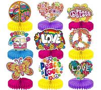 Qpout 9 Pcs Groovy Hippie Boho Centros de Mesa de Nido de Abeja para Fiestas Tie Dye Party Table Topper Panal Hippy Retro Peace Las Decoraciones de Fiestas temáticas Hippies de los años 60 de los 70