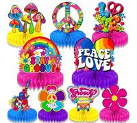 Qpout 9 Piezas Groovy Hippie Boho Party Honeycomb Centros de mesa Tie Dye Party Topper Honeycomb Hippy Retro Flower Rainbow Daisy Peace for 60's 70's Hippie Theme Party Table Decorations