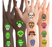 Qpout 96pcs Día de los Muertos Brillo De La Calavera De Azúcar En Tatuajes Temporales Oscuros Para Niños,Halloween Mexicano Luminoso Día De Los Muertos Impermeable Falsos Esqueleto Skull Tatuajes