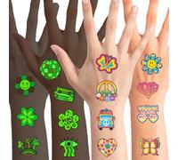 Qpout 96pcs Glow In The Dark Hippie Tattoos Pegatinas Groovy 70s 80s 90s Tatuajes Temporales Para Niños, Impermeable Amor Y Paz Tatuajes De La Cara Luminosa Flower Power Rainbow Hippie Party