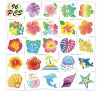 Qpout Glitter Hibiscus Tatuajes Temporales para la Decoración de la Fiesta Aloha,96pcs Pre-cortados Individualmente Tatuajes de Flores de Hawái,Pegatinas de Tatuaje Falsos de Hibisco de Verano