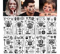 Qpout Tatuaje temporal pirata130+ diseño, Etiqueta engomada del tatuaje pirata negro para niñas niños niños regalo de cumpleaños pirata fiesta suministros cara mano brazo decoración