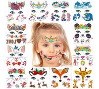 Qpout Tatuajes Faciales Con Temas Animales Para Niños,12 Hojas Tatuajes Faciales Para Fiestas Niños, Tatuajes Temporales En La Cara Para Niñas Y Los Niños, Sirena Unicornio Delfín Panda Conejo Tatuaje