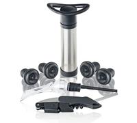 Qpractiko | Kit vino | Acero inoxidable, plata, 4 tapones silicona | Bomba de vacío, aireador, sacacorchos dos tiempos | Mantiene frescura y aroma en cada botella