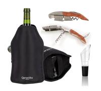 Qpractiko | Set de Accesorios para Vino | Mediano, Negro, Madera, Transparente | Enfriador de Gel, sacacorchos Dos Tiempos, vertedor antigoteo | Mantiene tu Vino frío y sin derrames