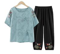 QPZK Las mujeres Tang Traje Hanfu Chino Ropa Tradicional, Adultos Mayores Tai Chi Uniforme para Mujeres Artes Marciales Kung Fu Ropa Manga Corta Abrigo y Pantalones Azul-3XL