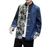 QPZK Moda Kung Fu Chaqueta Tang Suit Men Hanfu Copa Tradicional China Bordado de Artes Marciales Ropa Tai chi Uniforme de Manga Larga Camisa Camisa blue-3XL