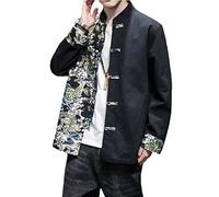 QPZK Moda Kung Fu Chaqueta Tang Suit Men Hanfu Copa Tradicional China Bordado de Artes Marciales Ropa Tai chi Uniforme de Manga Larga Camisa Camisa Black-L