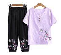 QPZK Mujeres Tang Suit Hanfu Ropa Tradicional China, Ancianos Tai Chi Uniformes para Mujeres Arte marcial Kung Fu Bording Borded Camiseta de Manga Corta y Pantalones Purple-XL