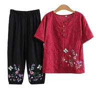 QPZK Mujeres Tang Suit Hanfu Ropa Tradicional China, Ancianos Tai Chi Uniformes para Mujeres Arte marcial Kung Fu Bording Borded Camiseta de Manga Corta y Pantalones Red-XXL