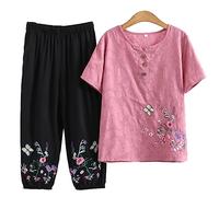 QPZK Mujeres Tang Suit Hanfu Ropa Tradicional China, Ancianos Tai Chi Uniformes para Mujeres Arte marcial Kung Fu Bording Borded Camiseta de Manga Corta y Pantalones Pink-XXL