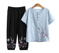 QPZK Mujeres Tang Suit Hanfu Ropa Tradicional China, Ancianos Tai Chi Uniformes para Mujeres Arte marcial Kung Fu Bording Borded Camiseta de Manga Corta y Pantalones Blue-XL