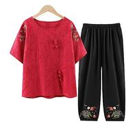 QPZK Traje de tang para mujer Hanfu ropa tradicional china, adulto mayor Tai Chi uniforme para las mujeres artes marciales Kung Fu ropa de manga corta abrigo y pantalones rojo-XXL