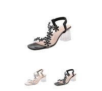 QQLADY Women's Flower Rhinestone Block Heel Sandals,Elastic Ankle Strap Square OpenToe Heels,Crystal Chunky Heel Shoes for Party (Black,36)