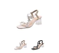 QQLADY Women's Flower Rhinestone Block Heel Sandals,Elastic Ankle Strap Square OpenToe Heels,Crystal Chunky Heel Shoes for Party (White,40)