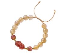 QQNQQ Pulsera de cristal, pulsera de riqueza Feng Shui, pulsera de cuarzo fresa de cristal rutilado dorado, pulsera PiXiu, amuleto de cuarzo múltiple, pulsera de amuleto de la suerte Pi Yao