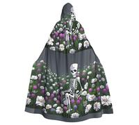 qqoupp Capa con capucha de esqueleto en un mar de flores para adultos con estampado de Halloween, capa con capucha súper grande con pajarita, sin cremallera
