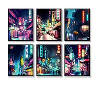 QQQDADA Juego de 6 pósteres japoneses de neón japonés, ilustración abstracta, decoración de pared, calles nocturnas de Tokio, pintura artística en lienzo para sala de estar, dormitorio, arte de pared