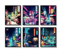QQQDADA Juego de 6 pósteres japoneses de neón japonés, ilustración abstracta, decoración de pared, calles nocturnas de Tokio, lienzo para sala de estar, dormitorio, arte de pared (11 x 14 pulgadas,