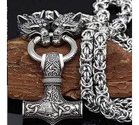QQTQQ Collar con Colgante de Martillo de Thor con Cabeza de Lobo Vikingo para Hombres, joyería de talismán de Acero Inoxidable Pesado nórdico Mjolnir,Silver-70cm