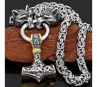 QQTQQ Collar con Colgante de Martillo de Thor con Cabeza de Lobo Vikingo para Hombres, joyería de talismán de Acero Inoxidable Pesado nórdico Mjolnir,Gold+silver-60cm