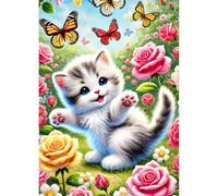 QQYRHN Cute Kitten Diamond Painting Kits for Adults Beginners, 5D Butterfly Cat Diamond Art Kits, DIY Round Full Drill Flowers Gem Art with Painting Kits Relaxing Craft for Home Wall Decor 12x16 Inch