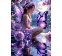 QQYRHN Fairy Butterflies Diamond Painting Kits for Adults Beginners, 5D Flowers Diamond Art Kits, DIY Round Full Drill Moon Gem Art with Painting Kits Relaxing Craft Home Wall Decor 12x16 Inch