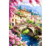 QQYRHN Landscape Diamond Painting Kits for Adults Beginners, 5D Bridge River Diamond Art Kits, DIY Round Full Drill Wildflowers Gem Art with Painting Kits Relaxing Craft Home Wall Decor 12x16 Inch