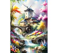 QQYRHN Windmill Diamond Painting Kits for Adults Beginners, 5D River Diamond Art Kits, DIY Round Full Drill Landscape Gem Art with Painting Kits Relaxing Craft for Home Wall Decor 12x16 Inch
