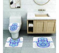 QRFASFZO Alfombra Baño 3 Piezas,Absorbente Alfombrillas baño de Pelo Largo y Alfombrillas para Inodoro,Antideslizante y Lavable,Hamsa, Gran Mano de Hamsa con Flor Ornamental asiática y pétalo