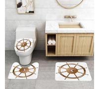 QRFASFZO Alfombra Baño 3 Piezas,Absorbente Alfombrillas baño de Pelo Largo y Alfombrillas para Inodoro,Antideslizante y Lavable,Símbolo Pirata náutico, Volante de un Barco clásico, Decorado con Cala