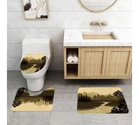 QRFASFZO Alfombra Baño 3 Piezas,Absorbente Alfombrillas baño de Pelo Largo y Alfombrillas para Inodoro,Antideslizante y Lavable,Paisaje Nocturno con montañas, ríos y árboles. Siluetas vectoriales.