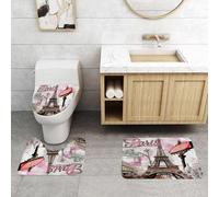 QRFASFZO Alfombra Baño 3 Piezas,Absorbente Alfombrillas baño de Pelo Largo y Alfombrillas para Inodoro,Antideslizante y Lavable,Torre Eiffel de París en Acuarela, señal de Calle, Fondo Rosa